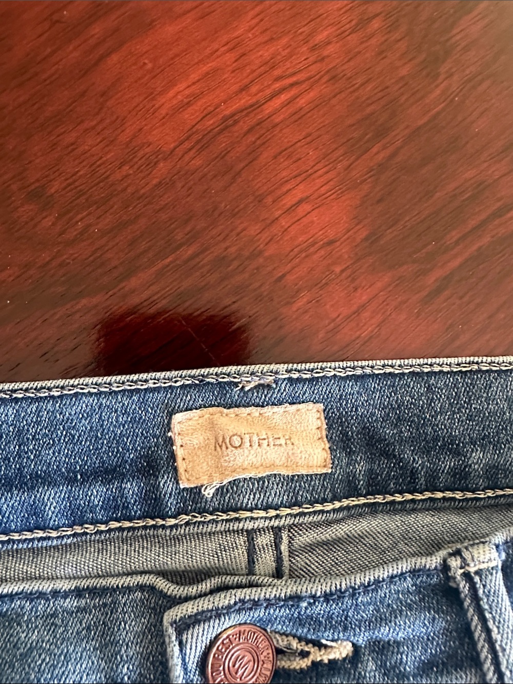 MOTHER Straight Leg Jeans in Medium Blue Wash with Raw Hem - Picture 2 of 5